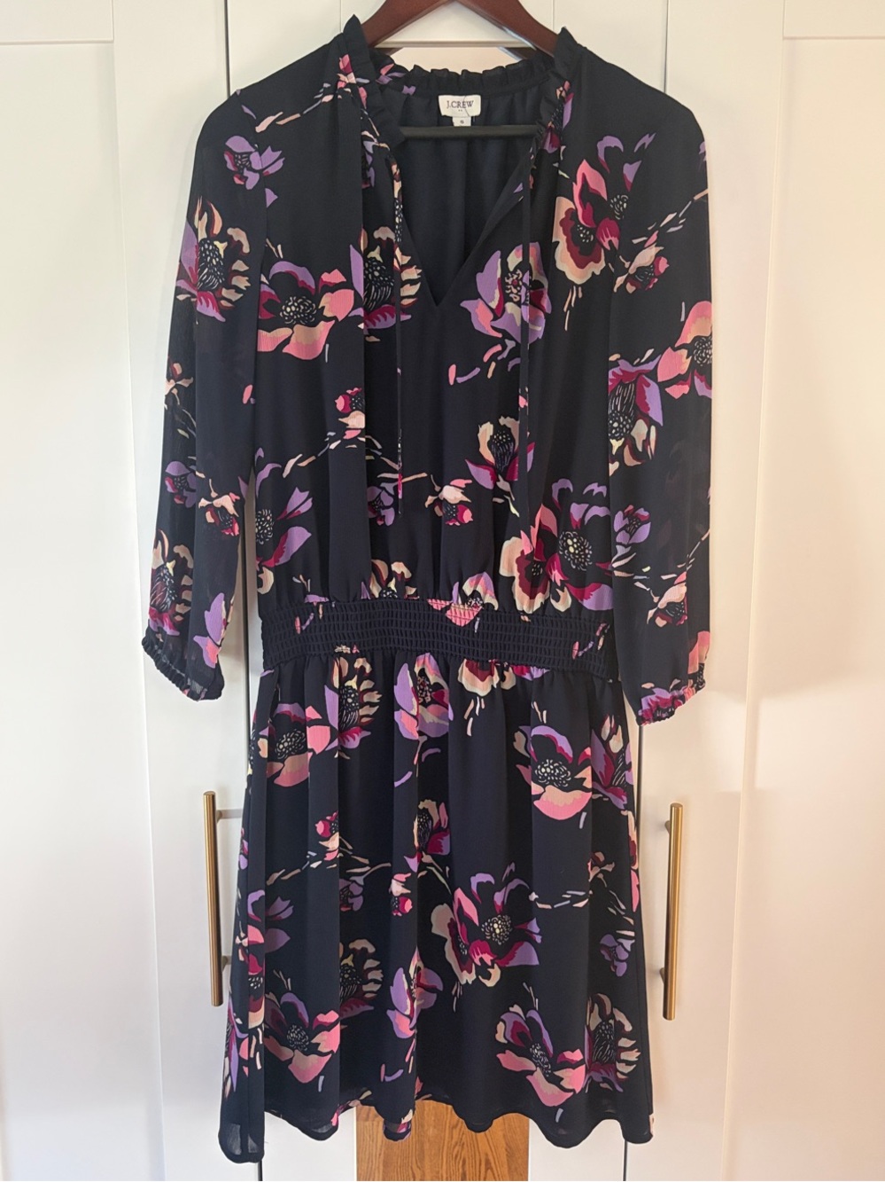 J. Crew Factory Navy Floral Long-Sleeve Tie-Neck Dress - Pink & Purple (Size S)